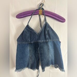 VTG Y2K Hot Kiss Denim Frayed Hem Tie Back Indie Sleeze Festival Halter Size M